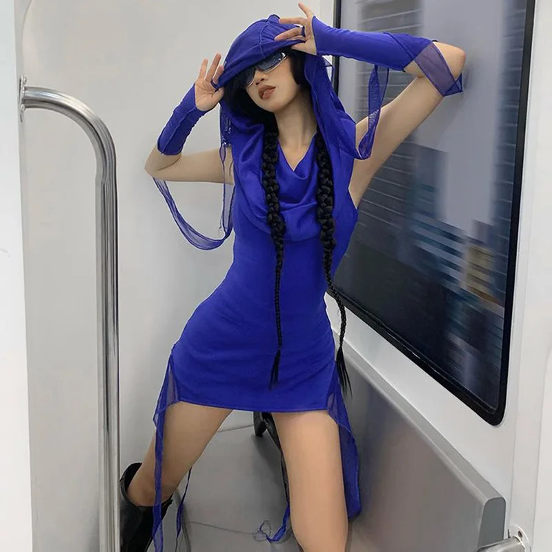 

Cyber Y2k Techwear Irregular Tassle Party Dresses Hooded Solid Bandage Harajuku Punk Cut Out Bodycon Women Pencil Mini Dresses