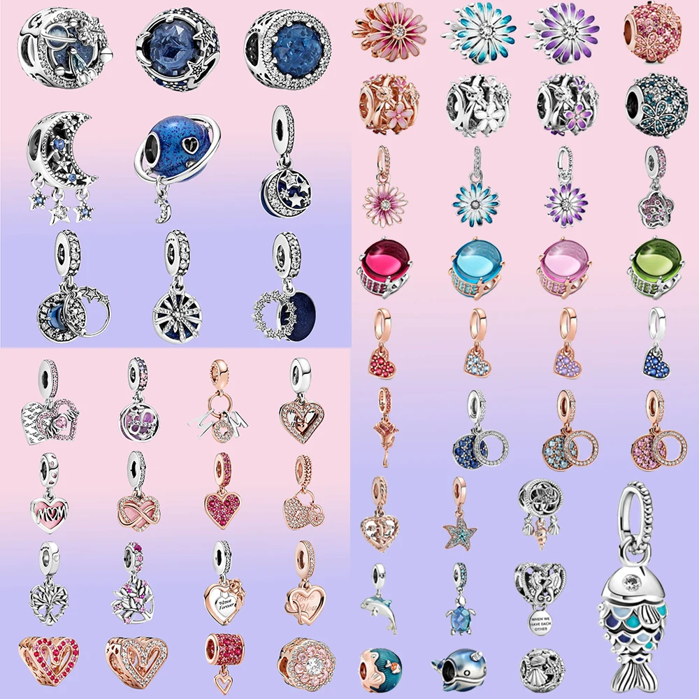 

S925 Silver Color Charms Fit Pandora Bracelet Heart Flower Daisy Ocean Animal Leaves Moments Charms Making Jewelry For Women