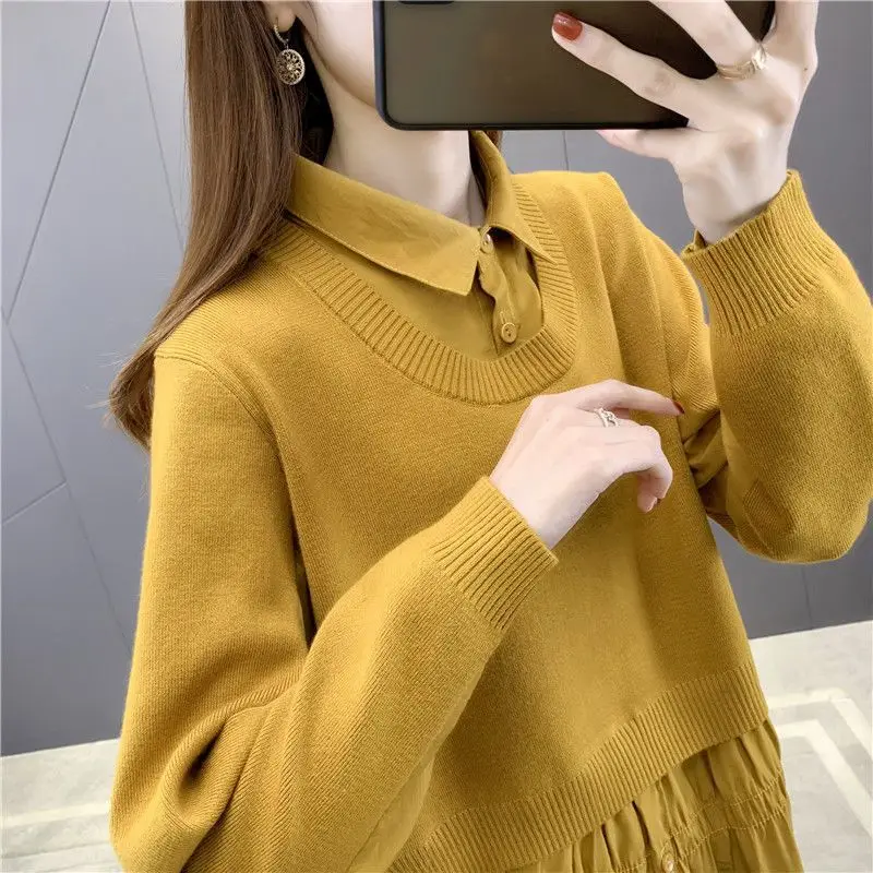 

Women Patchwork Fake Two Piece Kawaii Shirts Korean Fashion Polo Neck Loose Long Sleeve All-match Pullover Blouses Tops U976