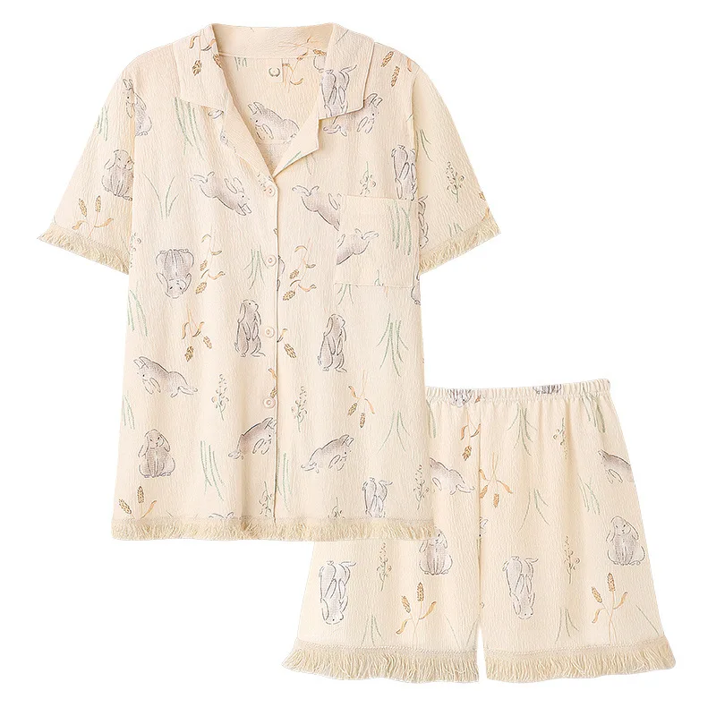 QWEEK Gauze Pajamas Rabbit Print Kawaii Sleepwear Korean Style Cardigan Suits with Shorts 2 Pieces Sweet Women Clothing