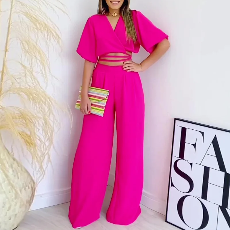 

Women's 2023 Summer New Tracksuit Solid V-neck Short Sleeve And Wide Leg Pants Fashion Two Piece Sets