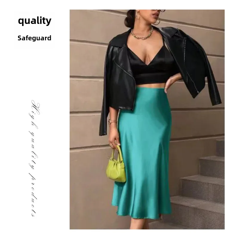 Женская атласная юбка средней длины однотонная облегающая юбка-годе весна 2024