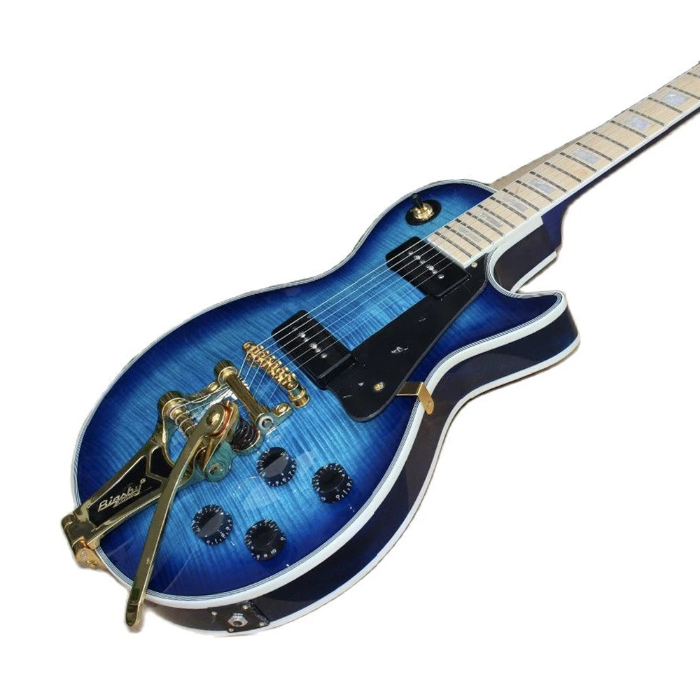 

Custom shop Jazz electric guitar.Blue color tiger flame Jazz gitaar.Maple fingerboard guitarra.p90 pickups