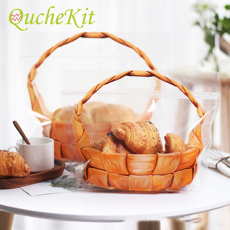 

50Pcs Basket Pattern Toast Bread Packaging Bags Zipper Ziplock Bag with Handle Takeaway Food Package Cake Bag Baking Supplies