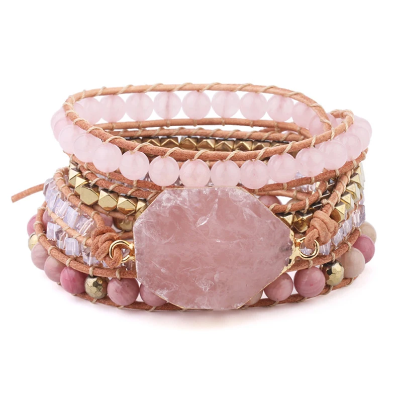 

Natural Stone Bracelet Pink Quartz Leather Wrap Bracelets for Women Rose Gems Crystal Beads Bohemia Jewelry