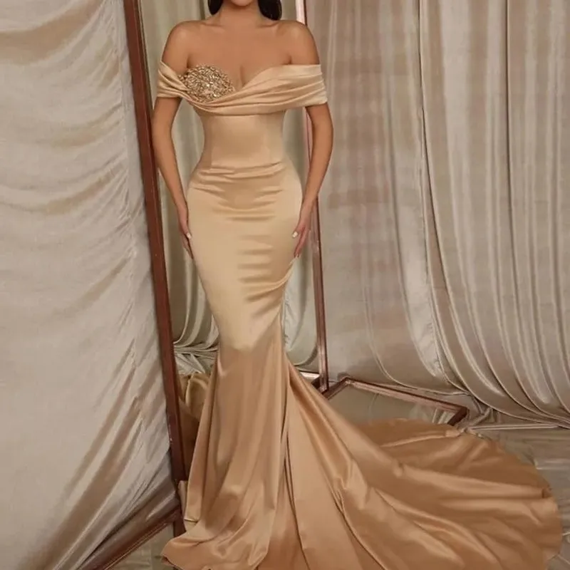 

Said Arabic Sexy Champagne Mermaid Evening Dresses Off Shoulder Satin Beaded Prom Party Gowns Vestidos Festa Robe De Soriee