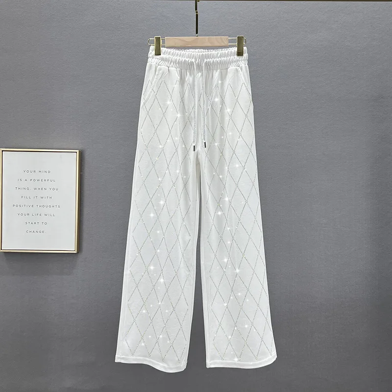 Loose Wide-Leg Pants for Women 2023 Spring Summer Elastic Waist Lace-up Trouser Hot Girls Hot Rhinestone Casual Pants Trousers