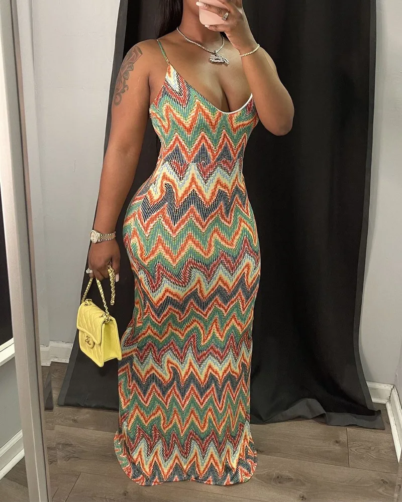 

Летнее платье-макси на бретелях-спагетти с принтом, женское длинное платье с лямкой на шее и открытой спиной, с волнистым узором, на бретелях