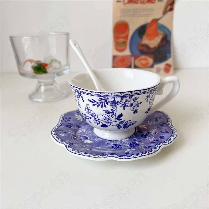 

Blue and White Ceramic Coffee Cup and Saucer French Modern Afternoon Tea Milk Breakfast Cups with Tray Home Office Desktop Mugs