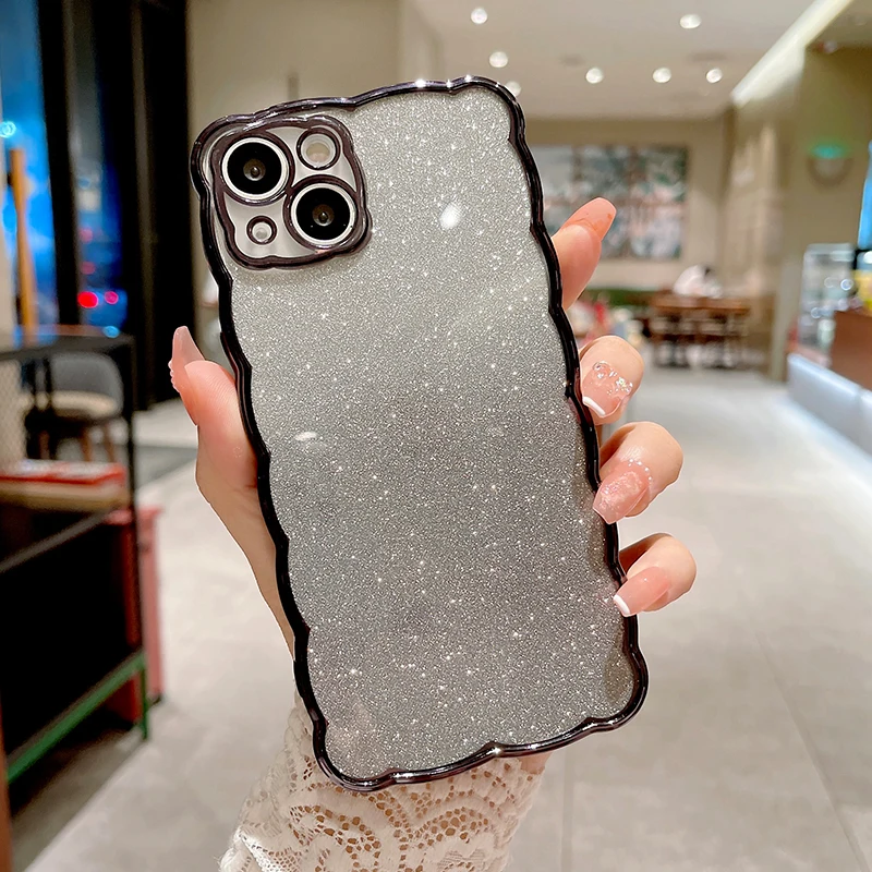 

Glitter Diamond Wavy Frame Transparent Case For iPhone 14 13 12 11 Pro Max Plus 7 8 X XS XR Luxury Silicone Shockproof Cover