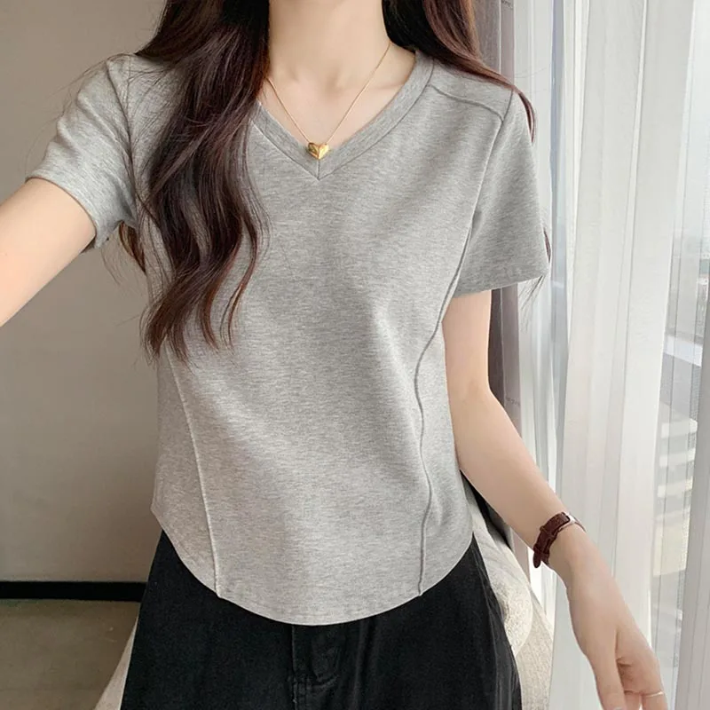 

2023 Summer Short Sleeve Tshirt Cotton T Shirt Women Korean Womens Clothing Slim O Neck Crop Top Ladies Tees Camisetas De Mujer
