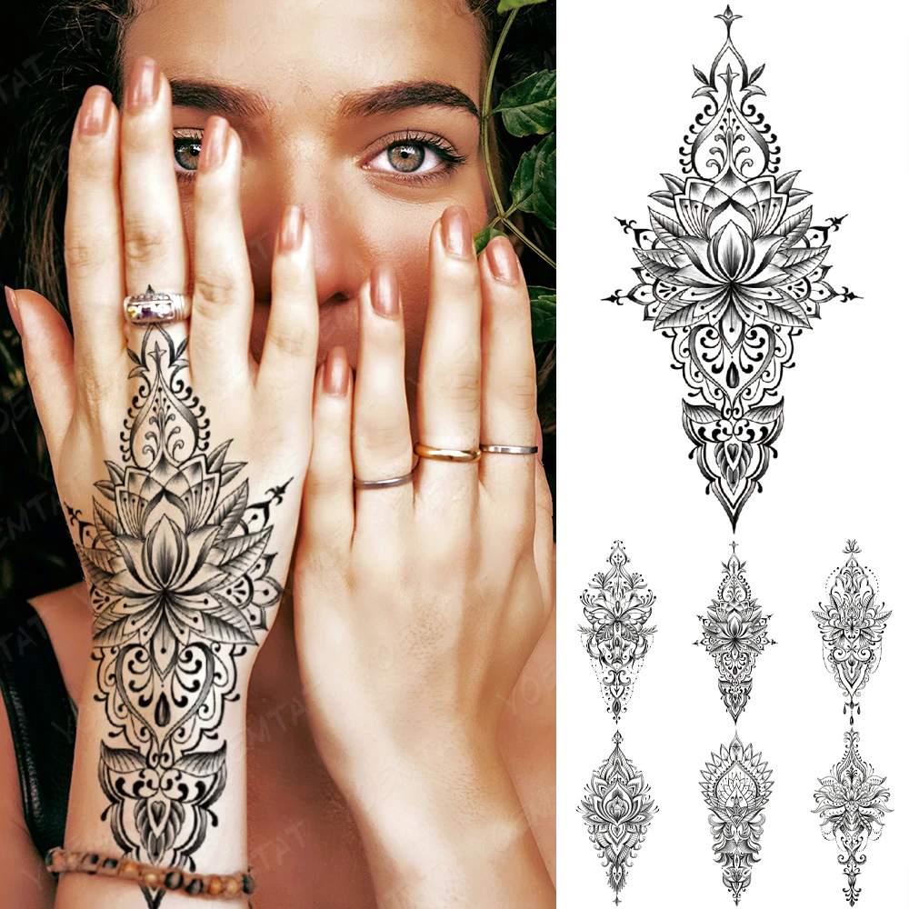 

Waterproof Temporary Tattoo Sticker Bride Henna Hand Painted Mandala Lotus Totem Flash Tatto Women Men Arm Body Art Fake Tattoos