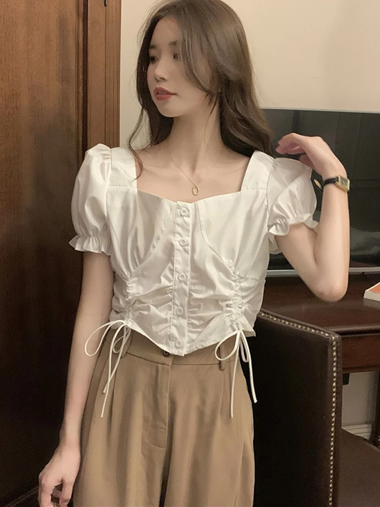 

GGRIGHT Chemise Femme Front Drawstring White Blouses lusas Camisas Mujer Summer Short Puff Sleeve Cotton Blouses Tops Women