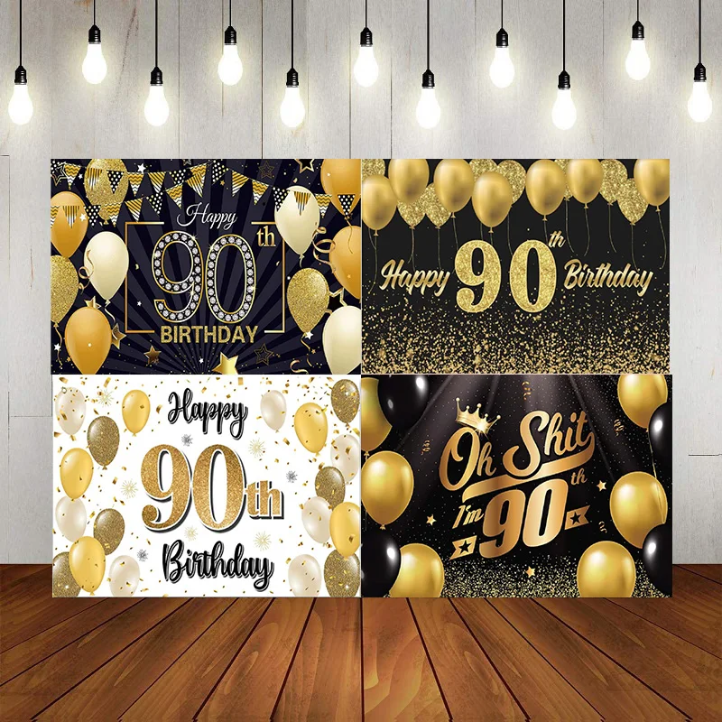 

90th Banner Photography Backdrop Black Gold Balloons Crown Confetti Cheers 90 Years Old Decor Anniversary Background Black Gold