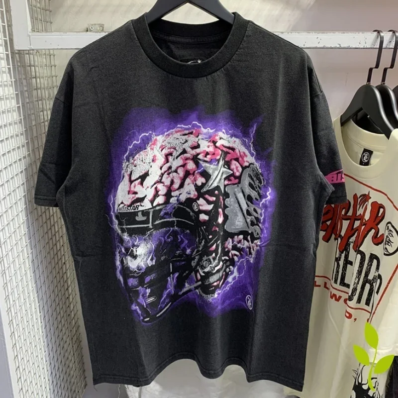 

Washed Old Helmet Graffiti Print Hellstar T-shirt Loose Versatile Round Neck Short Sleeve T Shirt Men Wome Hell Star Top Tee