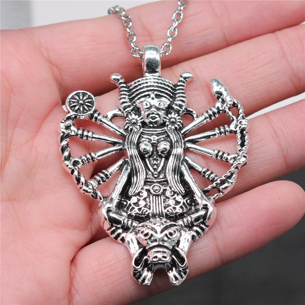 

Vintage Antique Silver Plated 62x46mm Thousand Hands Statue Indian Deity Pendant Necklace Long Chain Jewelry Accessories