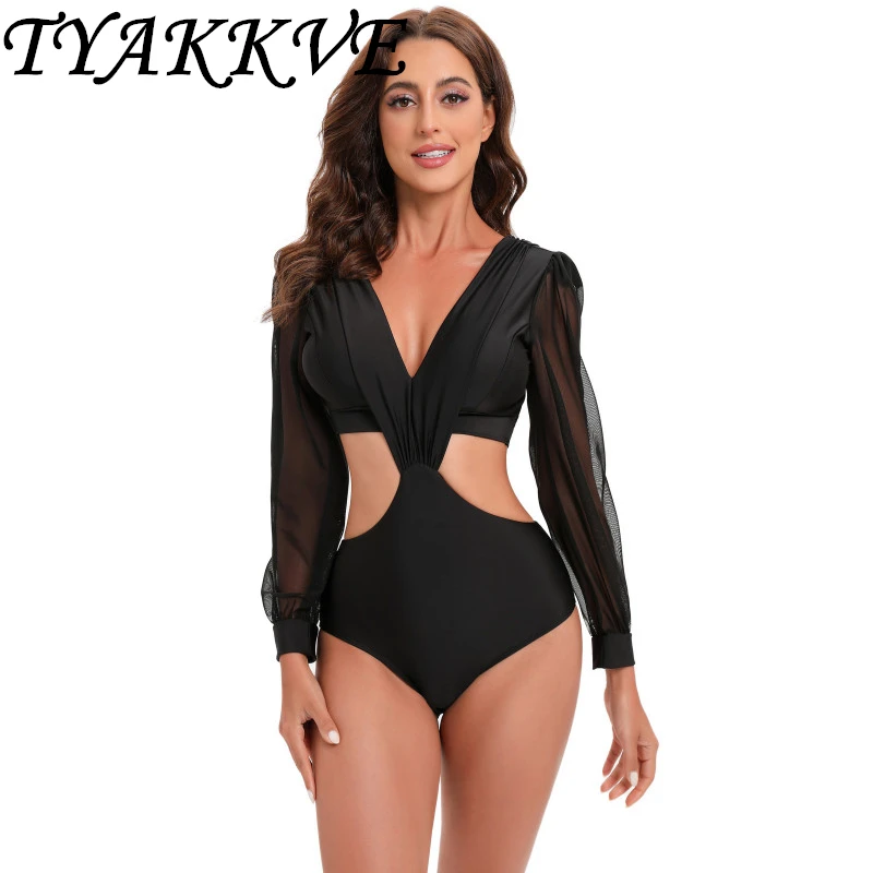 Новинка 2024 женский купальник TYAKKVE слитный с открытой спиной и длинными рукавами