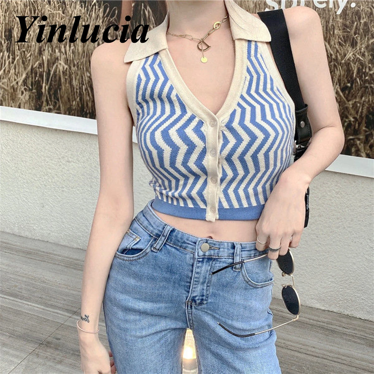 

Женская майка-поло в полоску, с V-образным вырезом и пупком