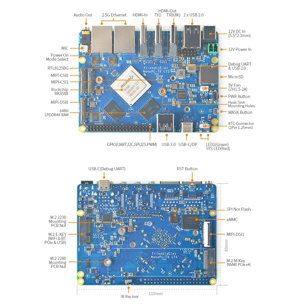 OpenPi Nano T6 LTS 8G DDR RAM + 32G eMMC Dual 2.5G Rockchip RK3588 2 5 Гбит/с LAN OpenWRT Поддержка входа 4K 8K Android 12