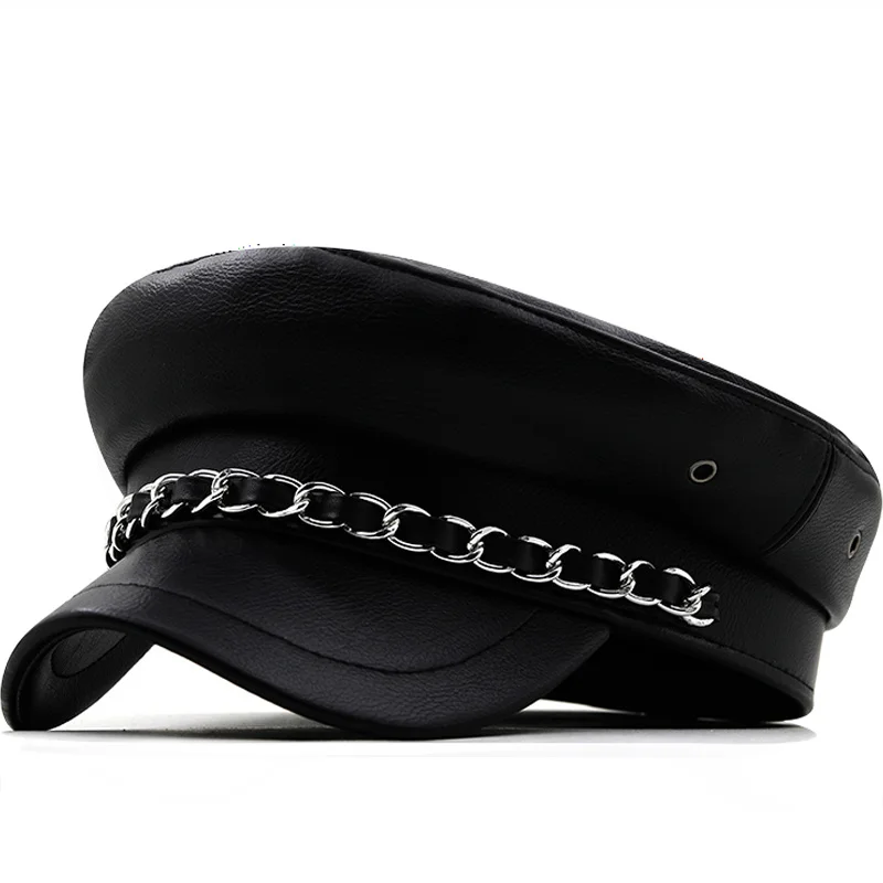 

Autumn Winter Chain Black Military Berets for Women Female Flat Army Cap Salior Hat Girl Travel Pu Berets Ladies Painters Cap