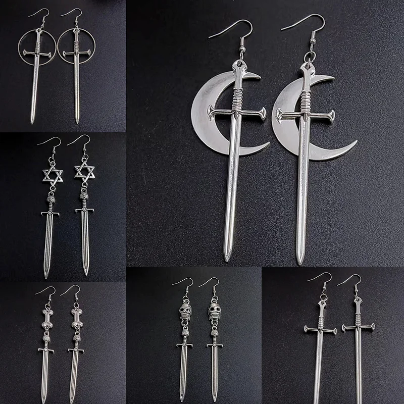 

Swords Moon Earrings Witchy Warrior Pagan Viking Alternative Gothic Medieval Silver Color Classic Warrior Gift Women New