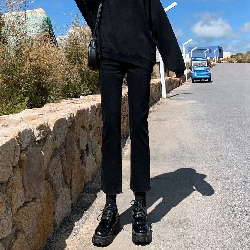 Straight jeans denim women's new loose high waist thin elastic cigarette pipe small all-match nine-point pants