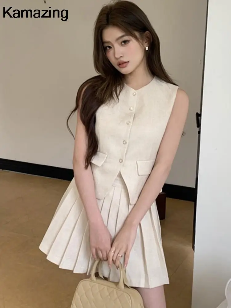 Летний плиссированный комплект с мини-юбкой корейский стильный пиджак без