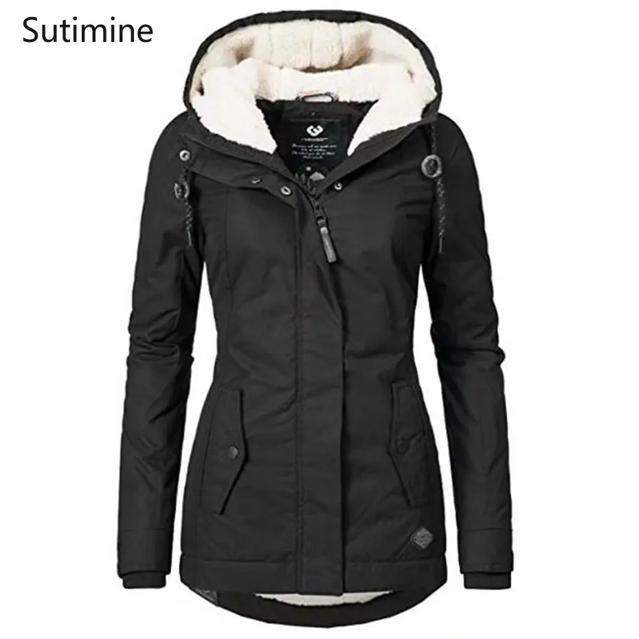 Winter Clothes Women Button Hooded Plush Thickened Cotton Padded Clothes Pockets Zippers Slim  Winter Coat Women