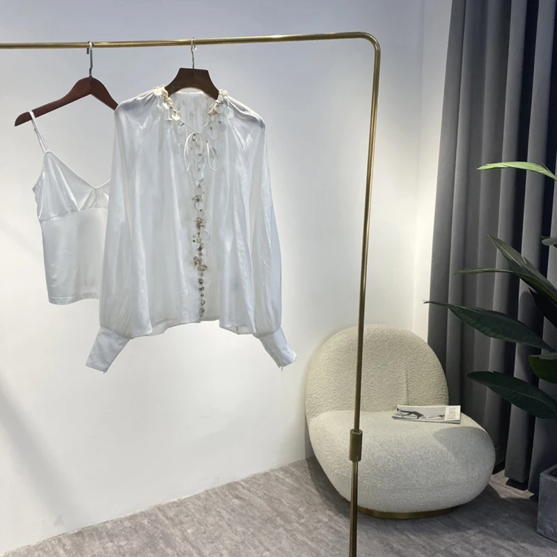 

2022 Spring Summer Lantern Sleeve White Blouses and Top New Natural Shells Conches Buttons Loose Two Piece Solid
