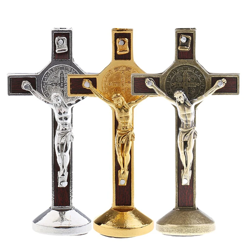 

8cm Metal Crucifix Cross Statue Jesus Christ Model with Sticky Base Christian Crucifix Catholic Home Desktop Decoration