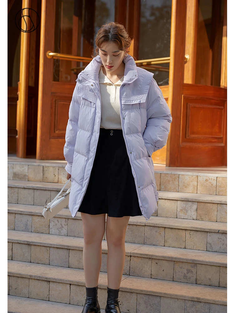 

DUSHU Women's Winter Design Sense Warm Goose Down Jacket Purple Straight Waist Mid-length Jackets 2021 Winter Collar Design Coat