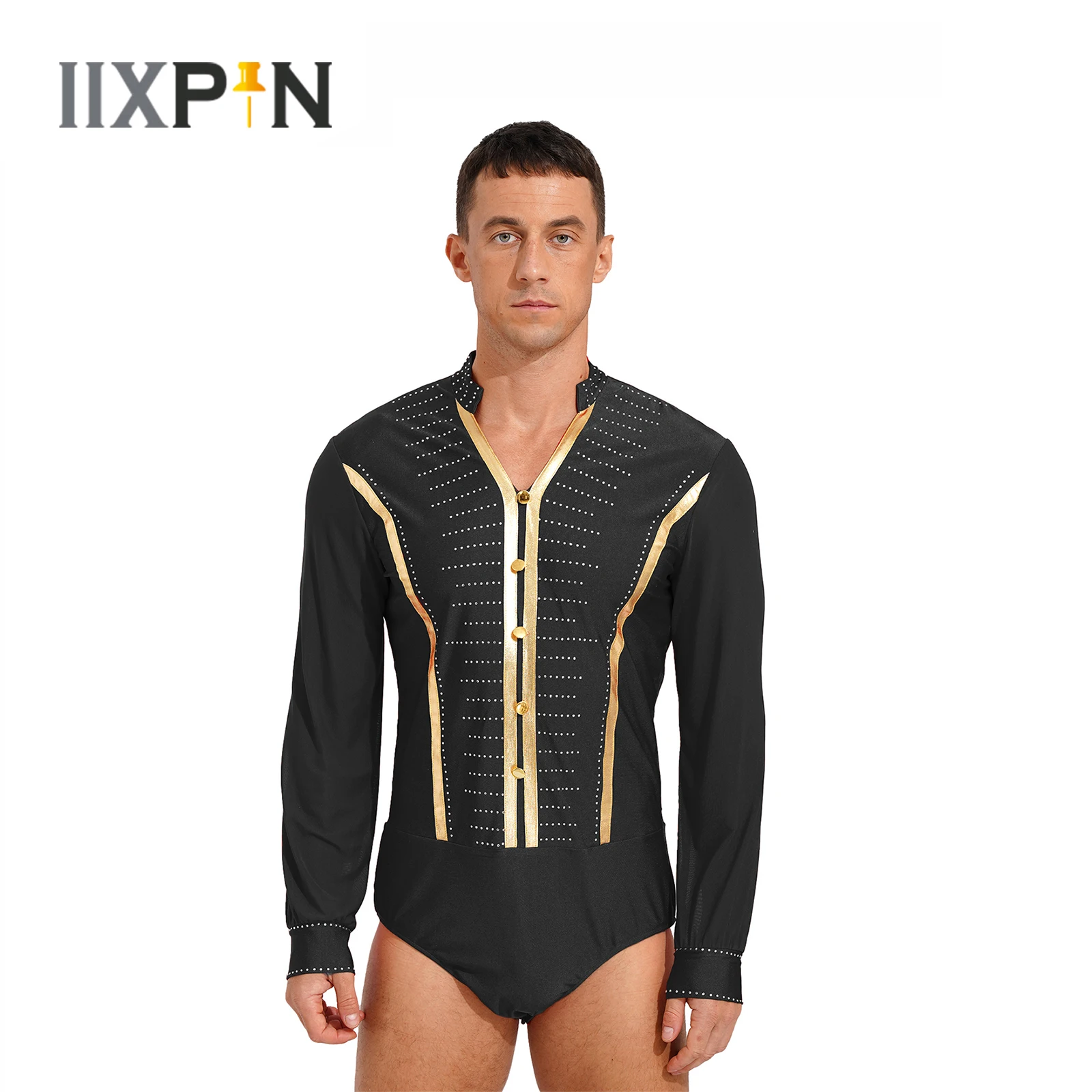 

New Mens Latin Dance Costume Sparkling Rhinestones Bodysuit Shirt V Neck Sheer Mesh Long Sleeve Leotard Ballroom Samba Dancewear