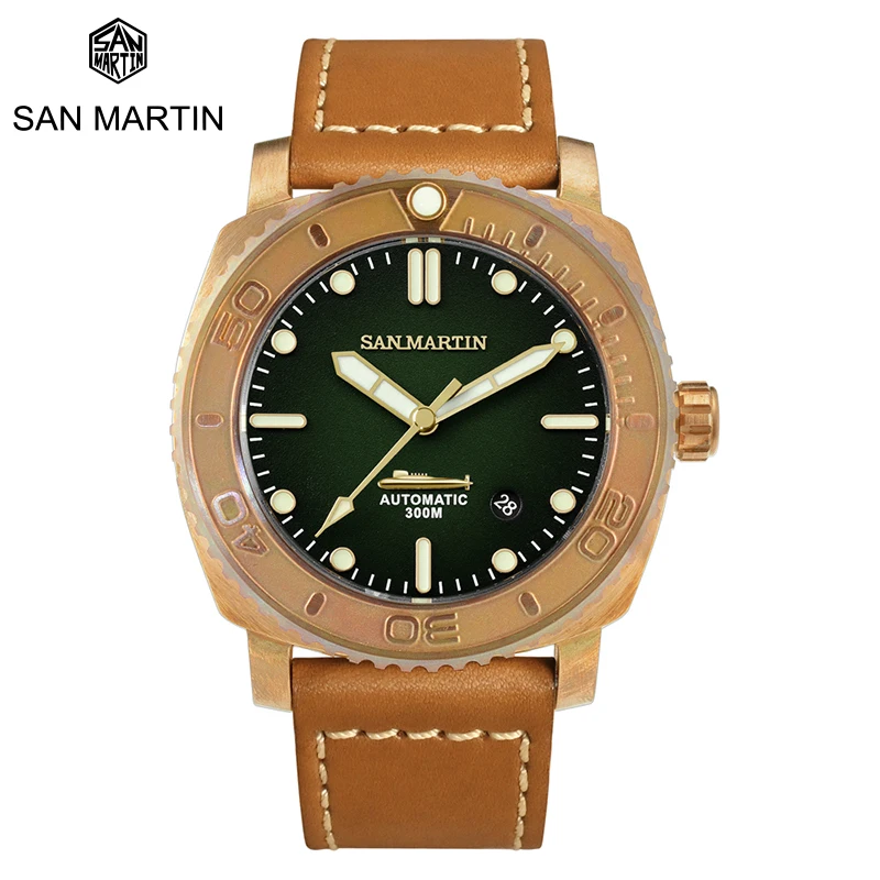 

San Martin New Men's Automatic Watches Luxury Retro CuSn8 Bronze Leather Strap BGW-9 Blue Light 30BAR Diver Watch PT5000 SW200