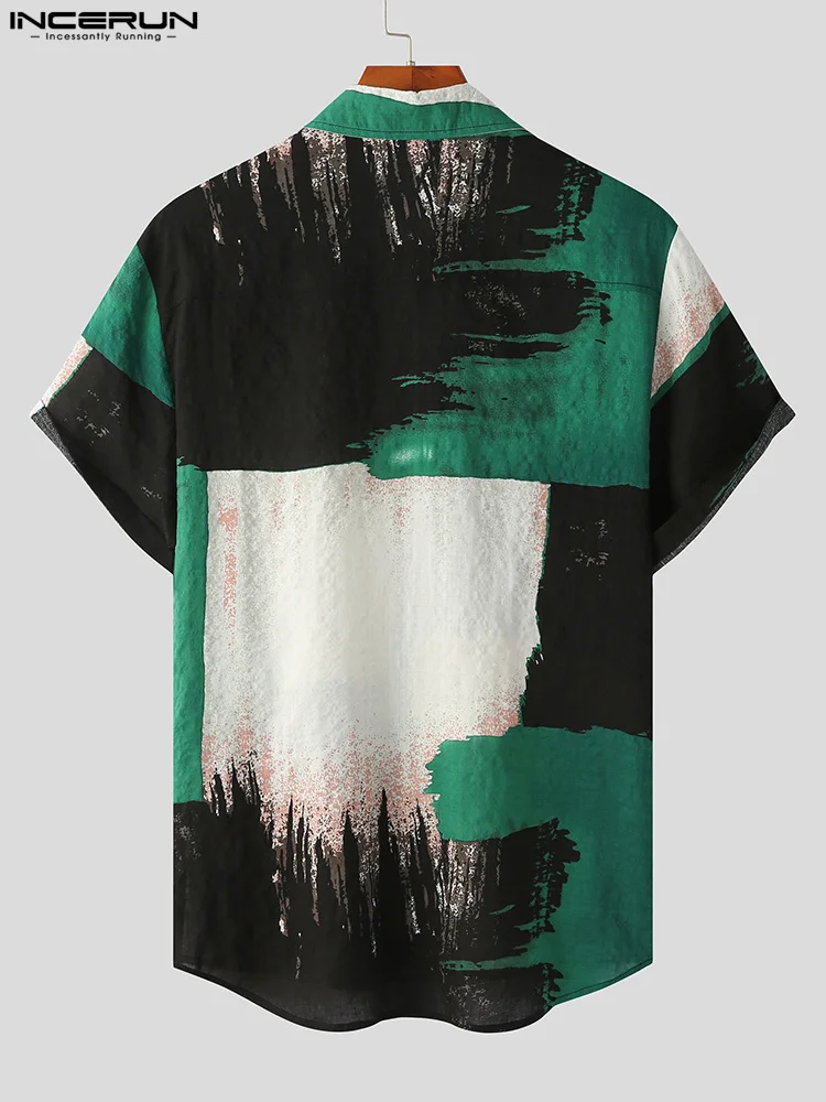 Stylish Well Fitting Tops INCERUN Men's Streetwear Hot Sale Blouse Casual Dark Large Color Block Short-sleeved Shirts S-5XL 2022