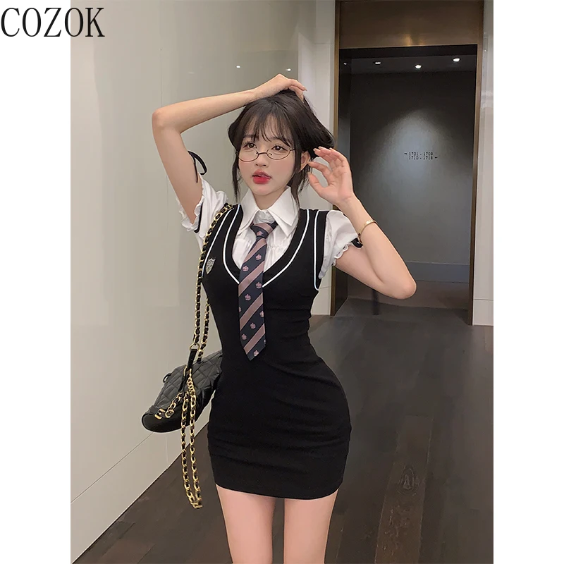 Youthful-Looking Two-Piece Suit for Women 2022summer New Elegant College Style Shirt Waistcoat Dress Set Váy Hà N Qu Shirt C