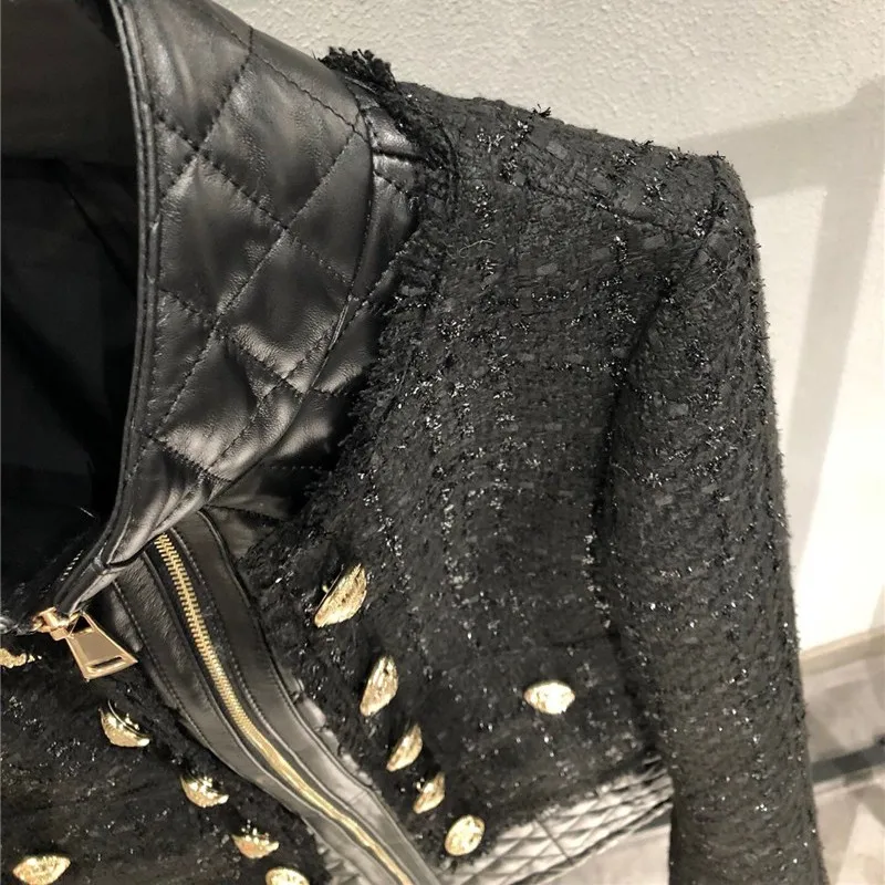 Jackets for Women Autumn 2022 Brand Loose Tweed Wool Stiching Genuine Leather Jacket Double Breasted Womens Sheepskin Coat