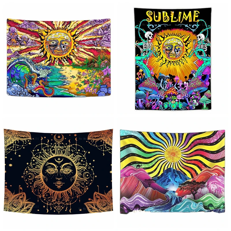 

Trippy Burning Sun Hippie Ocean Wave Sunset Sunrise Skull Colorful Mushroom And Plant Boho Tapestry For Room Wall Decor