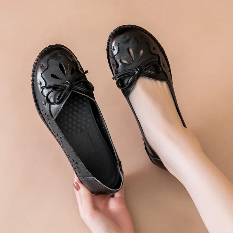Luxury Genuine Leather Ballet Flats Women's Loafers Dressy Fed Flats Mocasines Mujer Woman Flat Hollow Shoes With Slip On Bow
