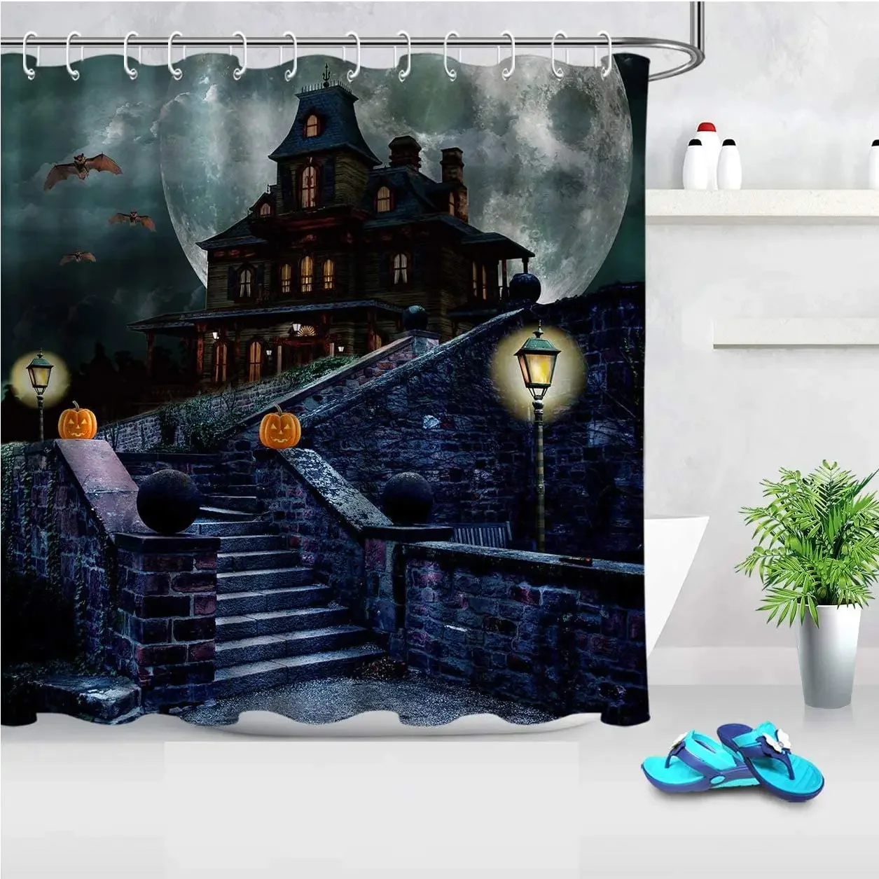 Занавеска для душа с черными летучими мышами тыквами и фонарями