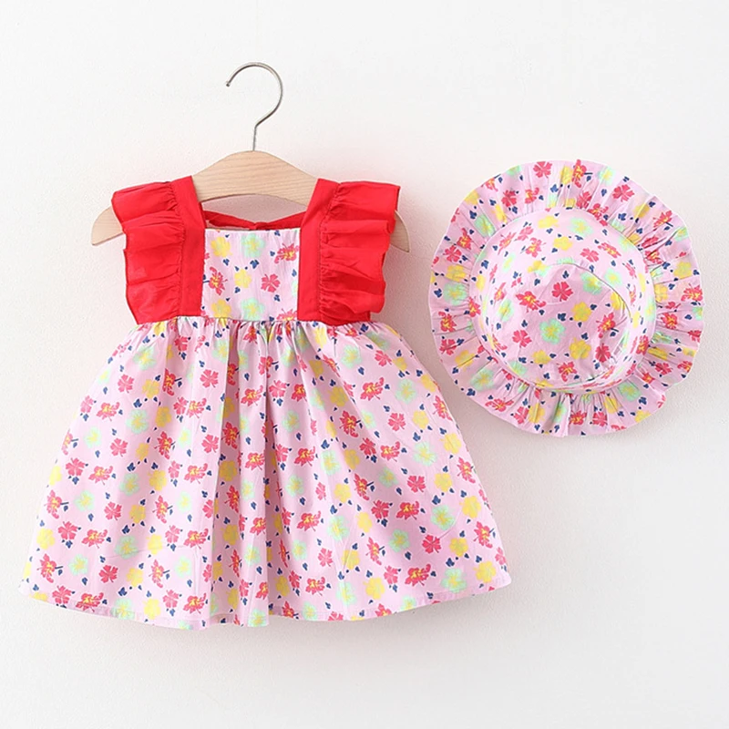 

2Piece Summer Newborn Clothes Infant Girl Outfits Baby Princess Dress Korean Casual Beach Flowers Toddler Dresses+Sunhat BC203