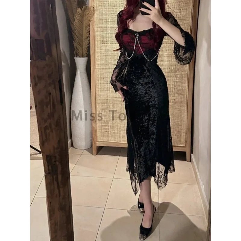 Женское кружевное платье в стиле гранж Y2k готическое облегающее темной академии