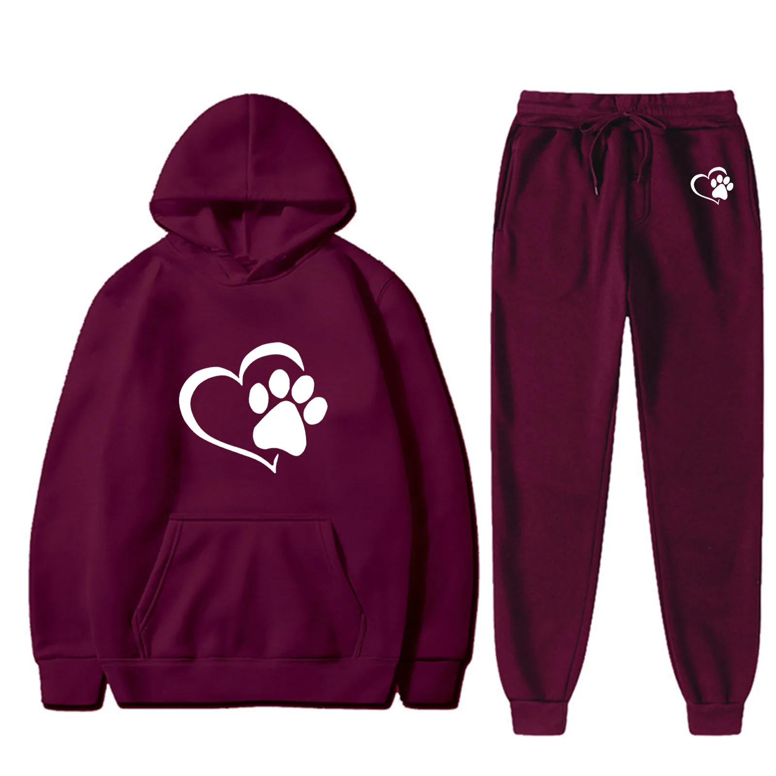 

Костюм с капюшоном на осень и зиму, повседневная женская спортивная одежда с принтом в виде сердечек и следов ярких брюк, спортивный костюм с толстовкой