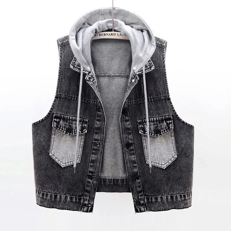 

Женский короткий джинсовый жилет, куртка со съемным капюшоном и карманами, джинсовая куртка без рукавов, верхняя одежда, весна-лето 2023