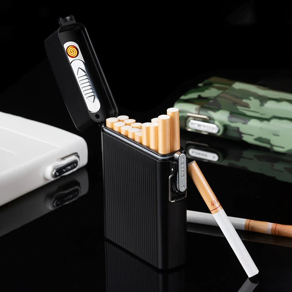 

Outdoor Waterproof Cigarette Case Lighter Hold 16pcs Cigarettes USB Charging Windproof Coil Lighter Cigarette Box Men's Gifts