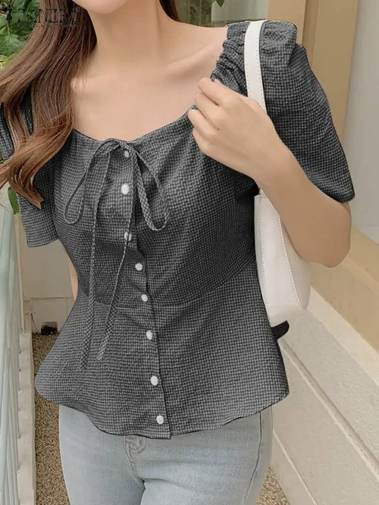 

ZANZEA Korean Fashion Crewneck Drawstring Peplum Tops Plaid Casual Women Ruffled Hem Blouses Short Sleeve Summer Checked Shirts