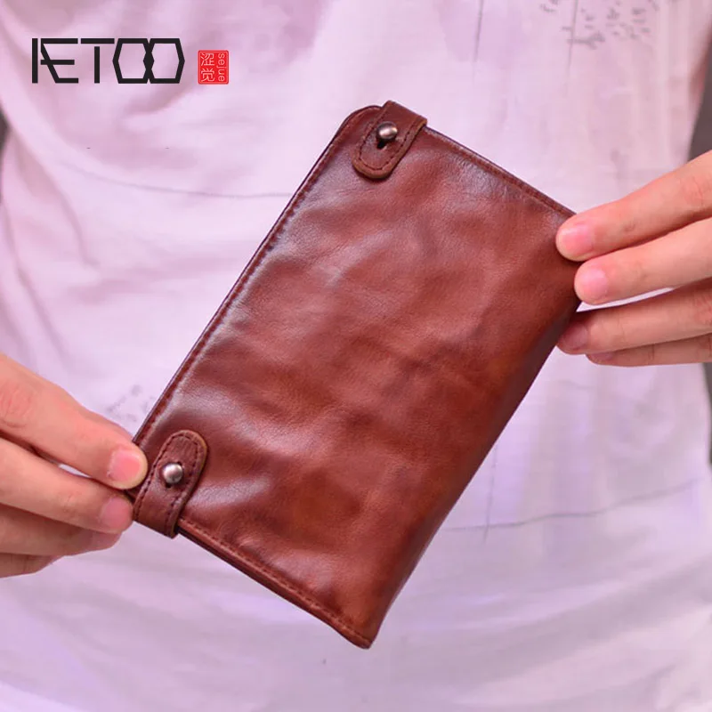 

AETOO Goatskin fold wallets, men's leather long snap wallets, card holders, clutches