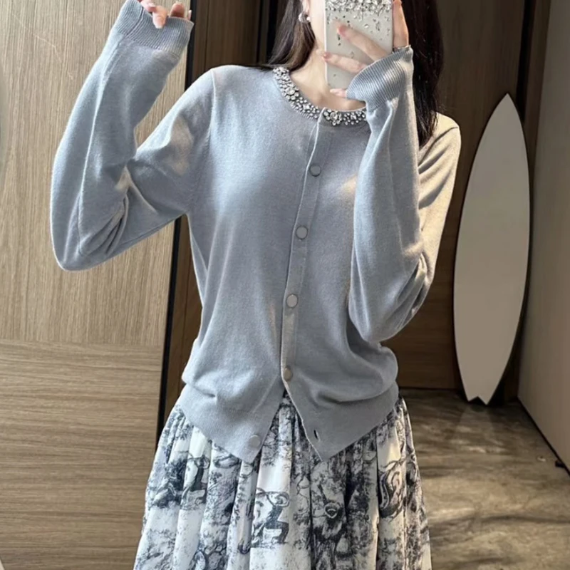 

23 Женские однотонные кашемировые вязаные кардиганы, модный однобортный свитер с круглым вырезом и стразами Y2K, Высококачественная облегающая одежда