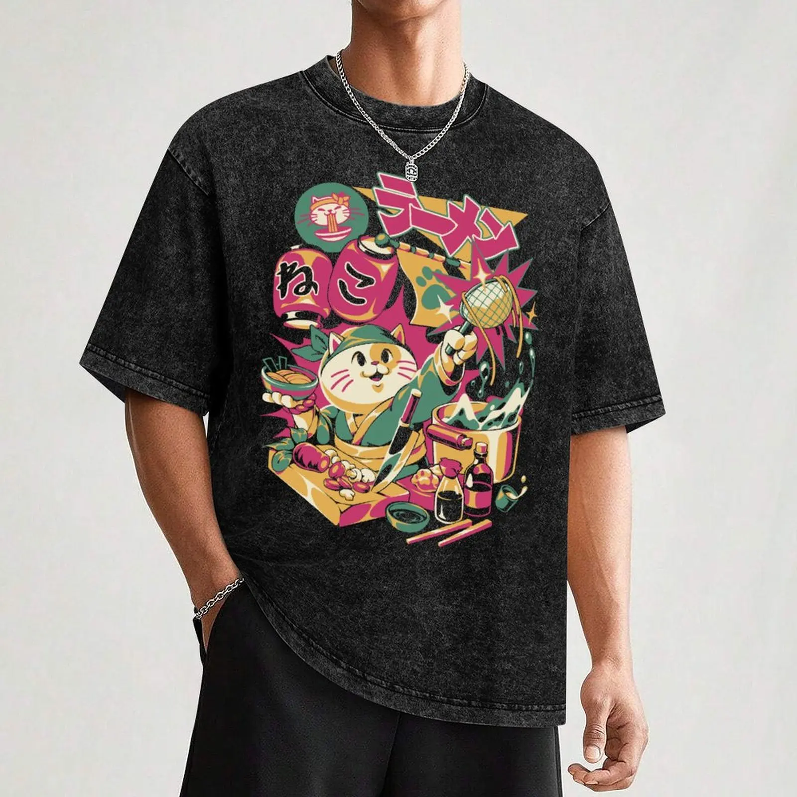 Neko Ramen - черная версия футболки большого размера синяя арховая рубашка Croswit