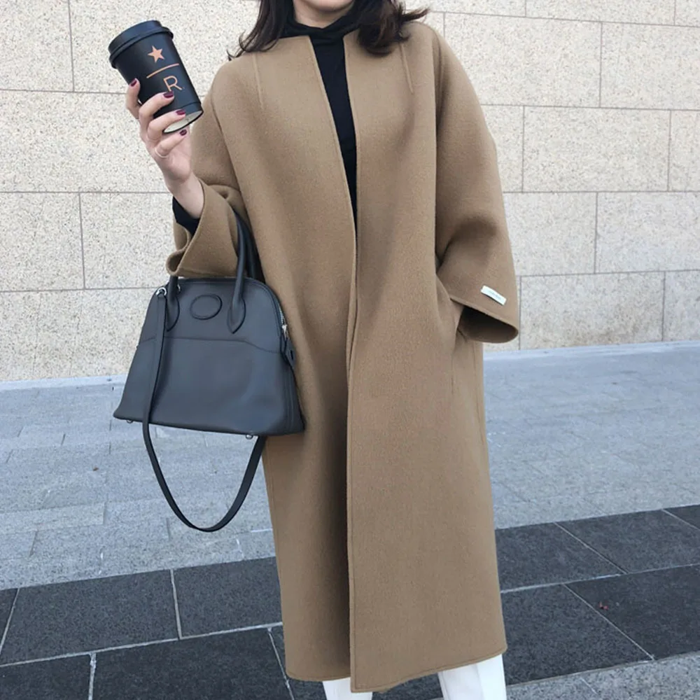 

Korean Fashion Woolen Coat for Women 2023 Winter New Temperament Coat Solid Color Long Sleeve Coat