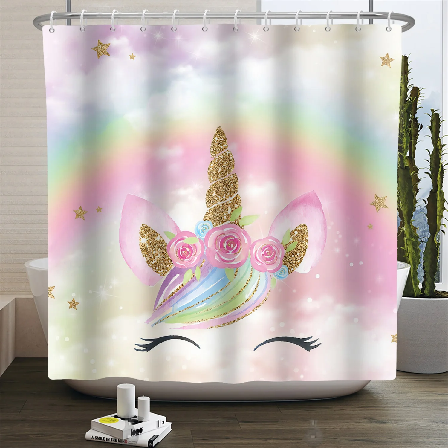 

Pink Gold Drip Glitter Unicorn Shower Curtain Cute Rainbow Bath Curtain For Children Bathroom Waterproof 180x180cm